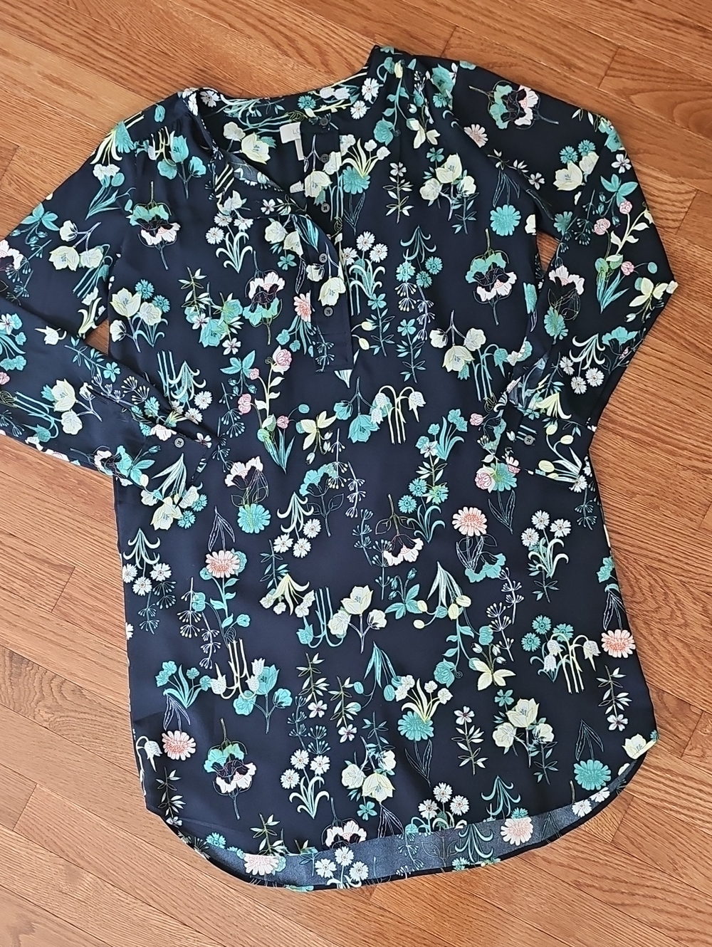 LOFT Women's Navy Floral Long-Sleeve Dress